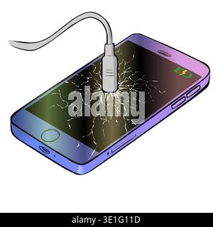 Broken smartphone display due to improper battery charging. Vector illustration the smartphone has a connector for the charger cable but the cable is Stock Vector