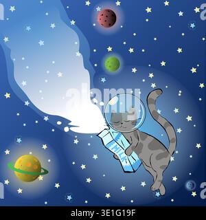 A spotted ginger cat with milk flies in space among the planets. Vector illustration The cat is firmly clinging to a package of milk and is floating i Stock Vector