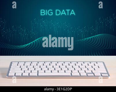 Big Data text on a digital screen, displaying abstract information visualization with a modern computer keyboard. Big data analysis. Stock Photo