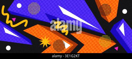 Abstract Memphis Style Background with Blue and Orange Retro Geometric Shapes and Patterns. 80s Abstract Banner Design for Sport, Game, or Kids Event Stock Vector