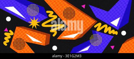 Retro 80s Abstract Background with Memphis Style Geometric Shapes, Dots, Wavy Lines, and Texture Effects. Abstract Banner Design Stock Vector