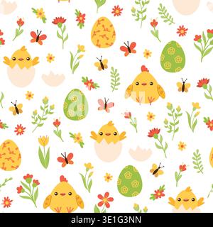 Easter pattern with cute chicks and eggs Stock Vector