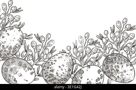 Easter background with quail egg and wildflower in vintage sketch style. Hand drawn outline graphic vector design. Border frame with copy space. Perfect for spring greeting card and holiday template. Stock Vector