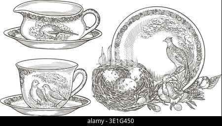 Vintage porcelain dinnerware set with graceful pheasant illustrations. Realistic hand drawn vector outline artwork with nest and egg. Perfect for card design or tableware decor and nostalgic art. Stock Vector
