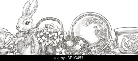 Easter seamless border with cute bunny and vintage dishware. Hand drawn vector design of flower basket and egg nest. Graphic line art print ideal for card template. Perfect for spring holiday season. Stock Vector