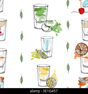 Shot glasses, summer drinks with mint leaf stripes, fruit and citrus garnish. Bright cocktail repeat in playful tones. Hand drawn seamless vector for Stock Vector