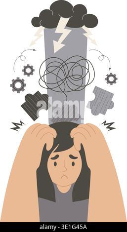 Mental Health. Stressed Sad Woman with Anxiety, Storm Cloud and Confusion Symbols. Female Psychological Burnout Concept. Vector flat Illustration. Not Stock Vector