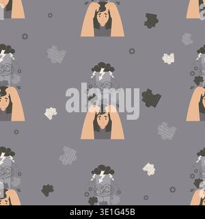 Seamless Pattern of Stressed Woman. Depressed Female Character with Psychological Burnout, Anxiety, Storm Cloud and Chaos Symbols on Gray Background. Stock Vector