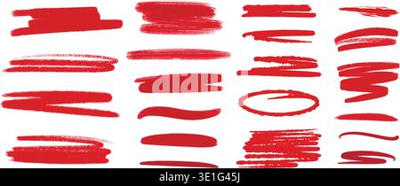 Set of red lines, strokes and underlines. Red paint strokes for highlighting. Textured watercolor elements, vector graphics Stock Vector
