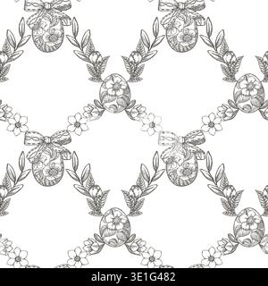 Easter seamless pattern with diamond shape black and white background. Hand drawn vector grid design in vintage style. Floral outline print ideal for wallpaper. Perfect for holiday fabric and paper. Stock Vector