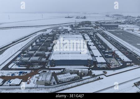 Aerial view of data center complex covered in snow, showing huge infrastructure for global data storage and processing, Winschoten, Netherlands Stock Photo
