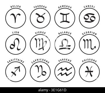 Zodiac 12 Signs Icons in Black and White - Vector Design Stock Vector