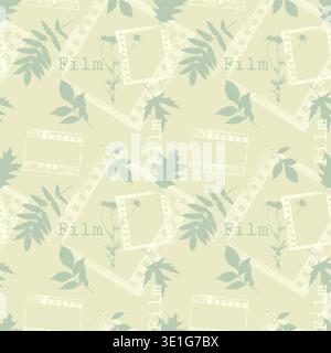 Vintage Analog Photography Seamless Pattern with Retro Film Strips and Botanical Leaf Silhouettes on Sage Green Background, Nostalgic Scrapbook Style Stock Vector