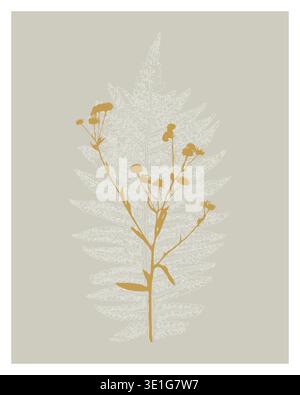 Contemporary Boho Botanical Art, Mustard Yellow Wildflower and Delicate White Fern Silhouettes on Neutral Beige Background, Minimalist Floral Wall Dec Stock Vector