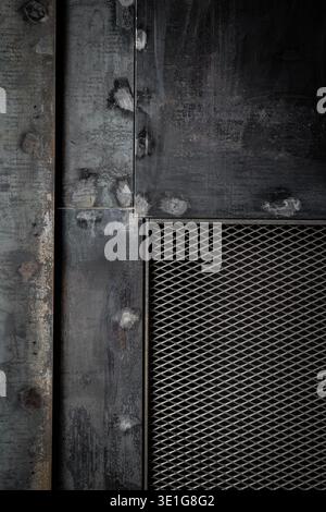 Rusty Perforated Iron Detail. Close View Of Bolted Metal Panel With Perforated Mesh And Rust Accents Stock Photo
