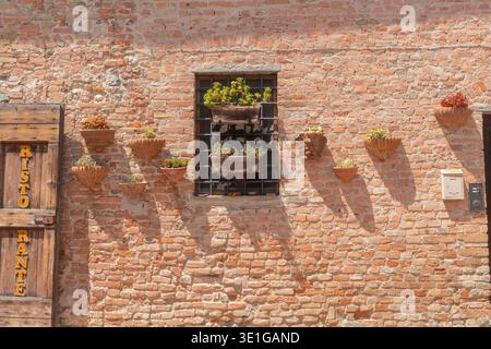 Old brick wall with small window and flower pots in a historic European town. Textured surface, warm colors and traditional architecture detail. Stock Photo