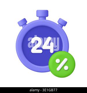 Purple stopwatch with white number 24 and green percentage symbol badge. 24 hour service, daily discount, limited time offer and e-commerce concept. 3 Stock Vector