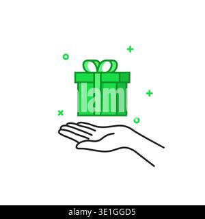 black thin line hand holding green gift box Stock Vector