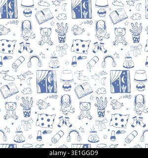 Kids Bedtime Seamless Pattern. Blue Outline Plush Toys rabbit and Bear, Night Window, Flowerpot, Storybooks, Lamps and Sleeping Sheep on White Backgro Stock Vector