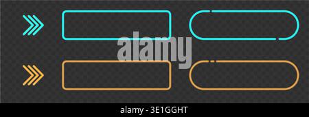 Glowing neon UI button frame in blue and orange colors. Modern light rectangle for web design, gaming interfaces, call to action labels and digital Stock Vector