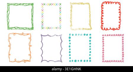 Collection of crayon doodle frames and boxes. Naive hand drawn borders for preschool education, kids posters, birthday cards, playful backgrounds and Stock Vector