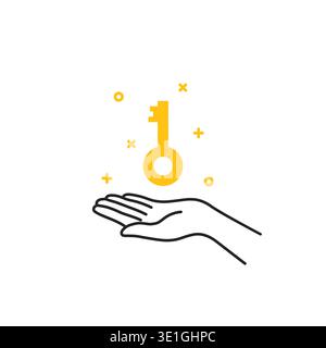 black thin line hand holding golden key icon Stock Vector