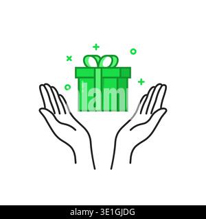 green gift box in two black thin line hand Stock Vector