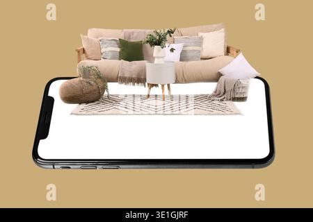 Comfortable sofa and mobile phone with blank screen on khaki background Stock Photo