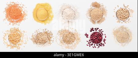 Assortment of scattered grains in glass bowls Stock Photo