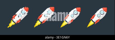 Pixel art rocket with fiery trails, retro games, space-themed designs, apps, or animations. 8-bit style for technology, sci-fi, and futuristic Stock Vector