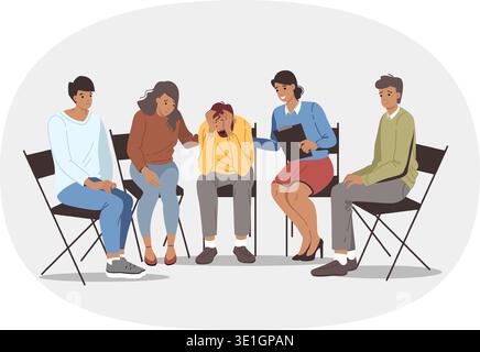 Group psychotherapy in alcoholics anonymous club, with team of people comforting upset man Stock Vector