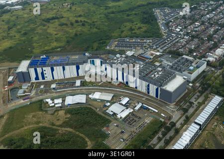 Aerial view of large contemporary datacenter facility providing critical infrastructure for digital information and cloud technology, Jakarta, Indones Stock Photo