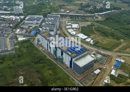 Aerial view of large modern data center building providing critical internet infrastructure, supporting global digital services and cloud computing, J Stock Photo