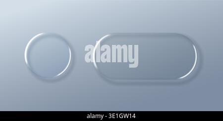 Transparent glass UI elements with liquid gradient borders, glossy buttons and geometric frames for modern web and app interface design Stock Vector