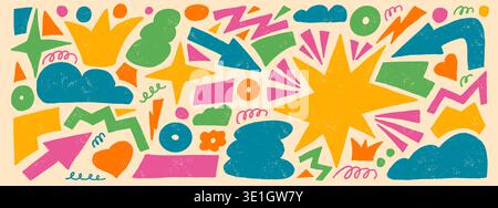 Abstract geometric naive shapes drawn with crayon or marker. Stars, crowns, arrows vector figures with colorful pencil texture. Organic playful sticke Stock Vector