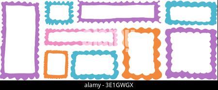Scallop edged rectangle frames. Organic kindergarten wavy abstract geometric text boxes. Curved zigzag blank square borders set. Vector callouts and p Stock Vector