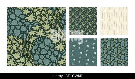 Garden lush seamless pattern collection with botanical leaves on dark green. Plant foliage endless background vector set for textile and wallpaper. Se Stock Vector
