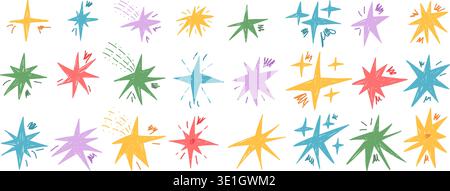 Colorful hand drawn stars. Crayon twinkles spark set. Scribble magic twinkles stardust collection. Christmas childish blue, purple shine decoration. V Stock Vector