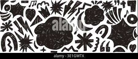 Bang boom callout charcoal background. Geometric and freeform black abstract figures hand drawn scribbles set. Music note, lightning, arrows, heart st Stock Vector