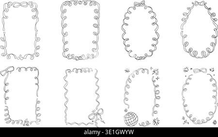 Doodle whimsical frames with disco balls, blinks y2k . Coquette borders with bows set. Ribbon and lace ink black Bachelorette squiggle menu cadre. Vec Stock Vector