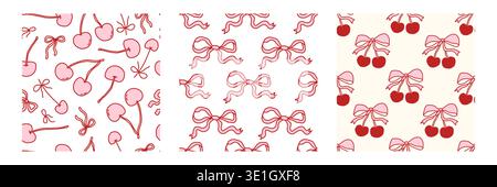 Seamless pattern with cute cherries, pink bows, and hearts. Sweet girly print for fabric, wallpaper, or gift paper. Retro cherry design with ribbons and fruity elements. Stock Vector
