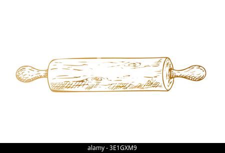Vector wooden rolling pin. Graphic ink kitchen tool illustration for baking creations, isolated on background. Hand drawn line sketch. For designers Stock Vector