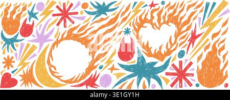 Crayon fire punk doodles elements set. Funky grunge texture flames handmade. Doodle fireball and burned heart icons. Scribbles pastel oil stickers col Stock Vector