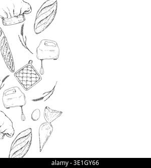 Vector frame, template with bread, pastry bag, wheat ear, pot holders, whisk, egg. Graphic ink Oven Mitt, kitchen tool illustration isolated on Stock Vector