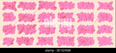Pink fluffy shapes for text. Crayon girly frame with label bubble speech. Scallop promo sticker with scribble, doodle kid set. Hand-drawn clouds with Stock Vector