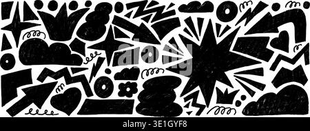 Naive charcoal geometric and abstract shapes with noisy sharp texture. Doodle geometry figures with star, arrow, crown and clouds forms. Vector paper Stock Vector