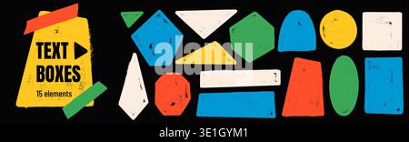 Bold geometric shapes on black with chalk and ink texture in red, blue and green. Geometry form callout set with triangle, arch, rectangle and oval. H Stock Vector