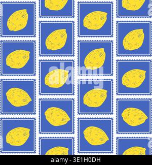 Seamless lemon pattern in bold blue postage stamp frame for summer print. Italian fruit and floral motifs in a seamless pattern of trinket stamp tiles Stock Vector