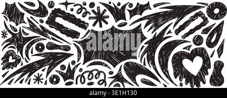 Bang text box and charcoal abstract geometric shapes background set. Geometry and organic freeform abstract naive hand drawn doodle figures. Linocut s Stock Vector