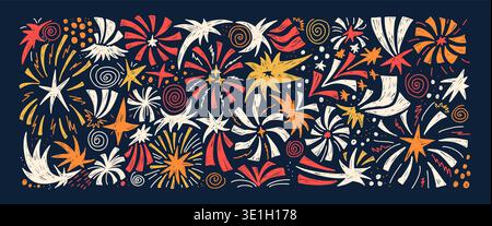 Festive celebration illustration with colorful sparkles, confetti bursts, and radial light rays. Playful vector crayon design perfect for birthday inv Stock Vector